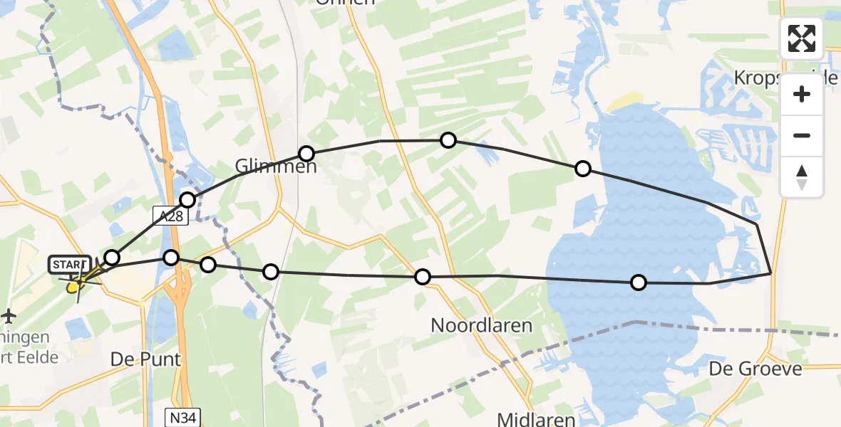 Routekaart van de vlucht: Lifeliner 4 naar Groningen Airport Eelde, Burgemeester J.G. Legroweg