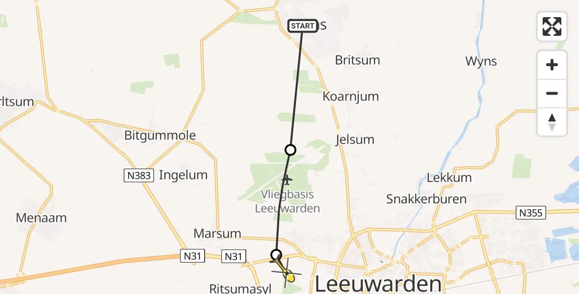 Routekaart van de vlucht: Ambulanceheli naar Leeuwarden, Keegsdijkje