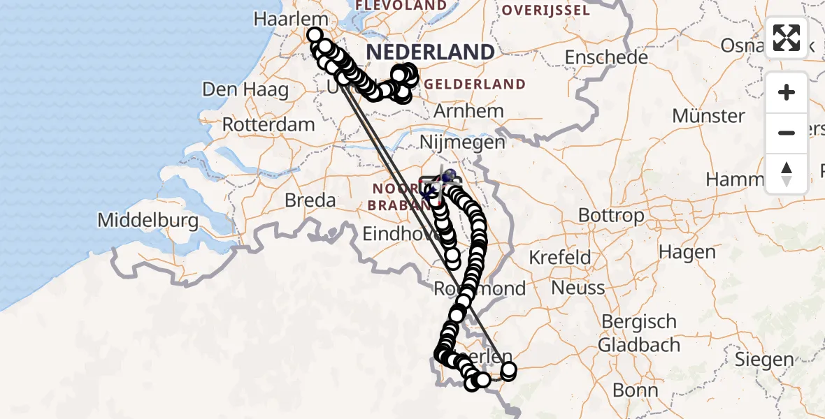 Vluchtroute Politiehelikopter van Vliegbasis Volkel naar Vliegbasis Volkel