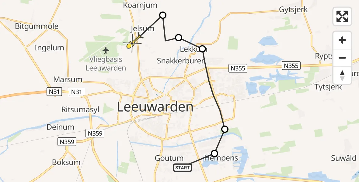 Vluchtroute Ambulancehelikopter van Leeuwarden naar Vliegbasis Leeuwarden