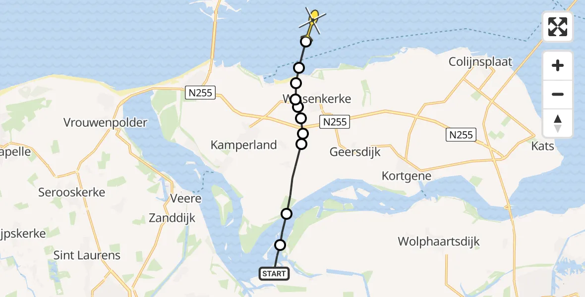 Routekaart van de vlucht: Kustwachthelikopter naar Serooskerke, Muidenweg