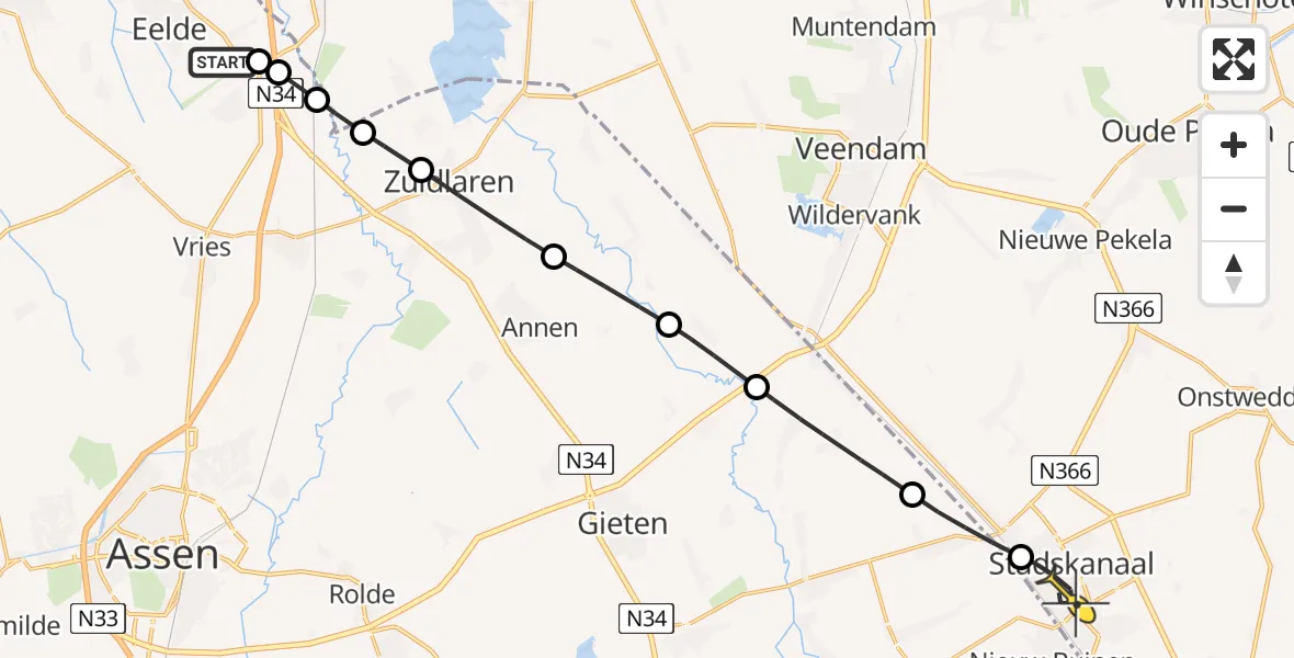Routekaart van de vlucht: Lifeliner 4 naar Stadskanaal, Burgemeester J.G. Legroweg
