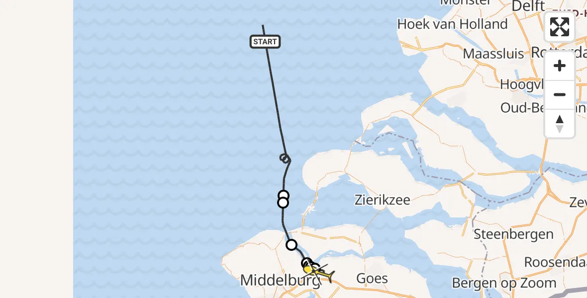 Routekaart van de vlucht: Kustwachthelikopter naar Vliegveld Midden-Zeeland, Schenge