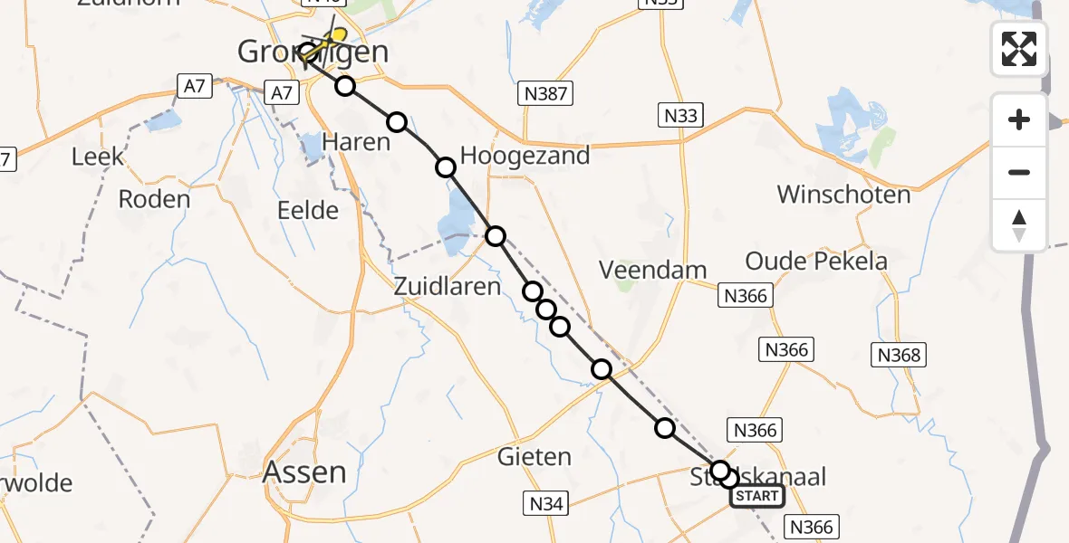 Routekaart van de vlucht: Lifeliner 4 naar Universitair Medisch Centrum Groningen, Amerikalaan