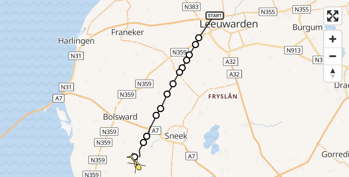 Routekaart van de vlucht: Ambulanceheli naar Oudega, Haitze Holwerdapaad