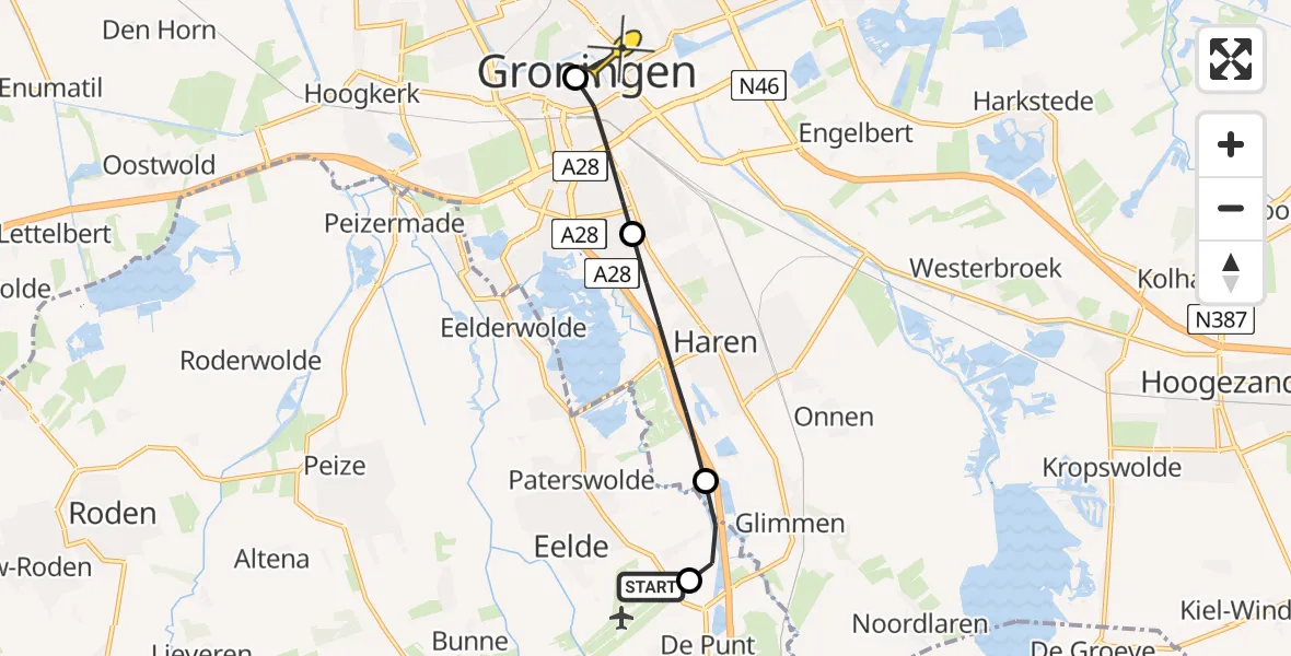 Routekaart van de vlucht: Lifeliner 1 naar Universitair Medisch Centrum Groningen, Burgemeester J.G. Legroweg