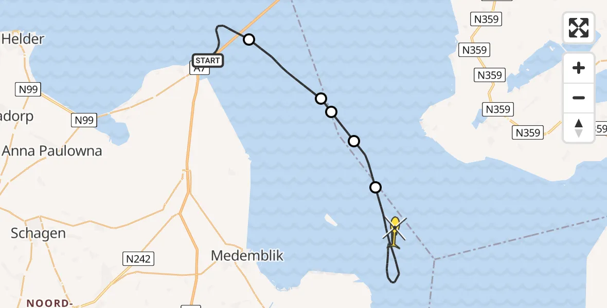 Routekaart van de vlucht: Kustwachthelikopter naar Enkhuizen, Afsluitdijk