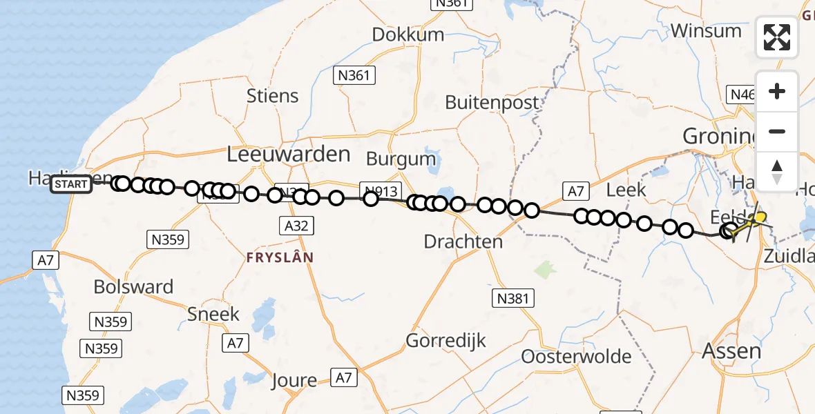 Routekaart van de vlucht: Lifeliner 4 naar Groningen Airport Eelde, Koningin Wilhelminastraat