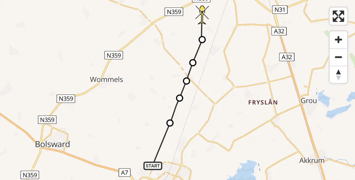 Routekaart van de vlucht: Ambulanceheli naar Jorwert, Nijlânsdyk
