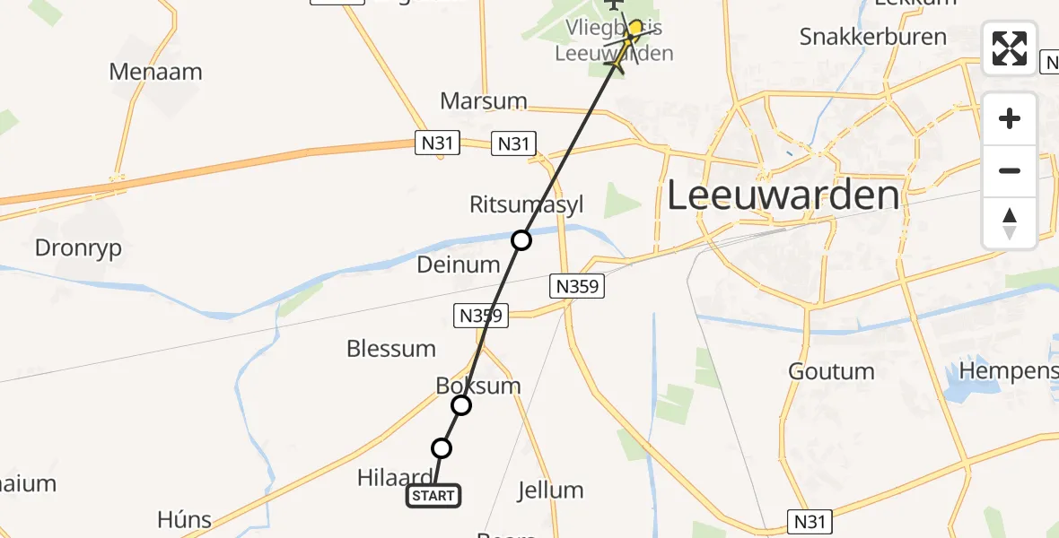 Routekaart van de vlucht: Ambulancehelikopter naar Vliegbasis Leeuwarden, Hylaerderpaed