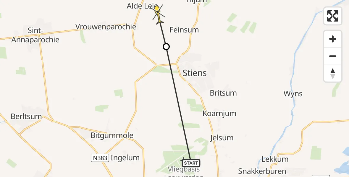 Routekaart van de vlucht: Ambulanceheli naar Alde Leie, Witewei