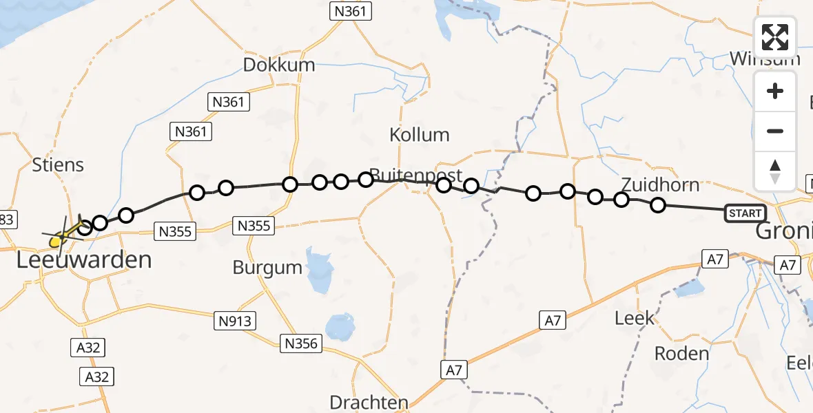 Routekaart van de vlucht: Ambulancehelikopter naar Vliegbasis Leeuwarden, Holtweg