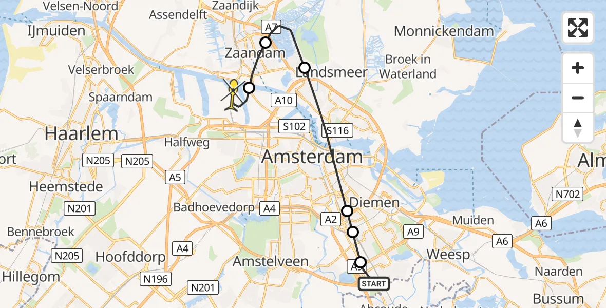 Routekaart van de vlucht: Lifeliner 1 naar Amsterdam Heliport, Stekkenbergweg