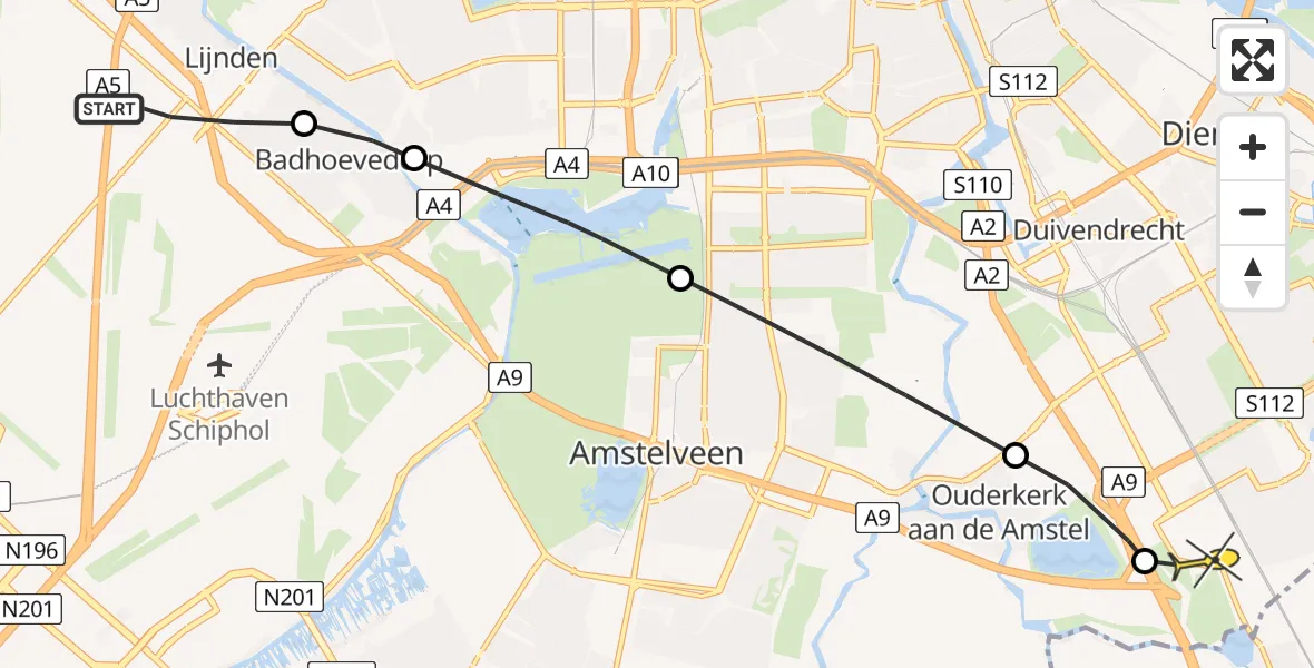 Routekaart van de vlucht: Lifeliner 2 naar Academisch Medisch Centrum (AMC), Quatrebras