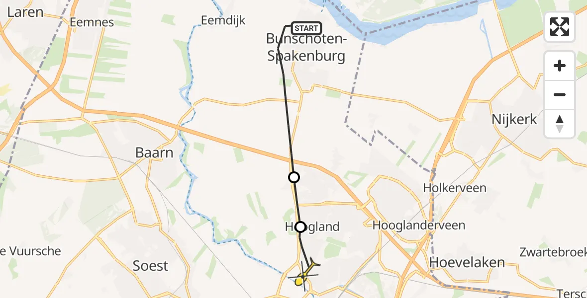 Routekaart van de vlucht: Lifeliner 1 naar Hoogland, Bikkersweg