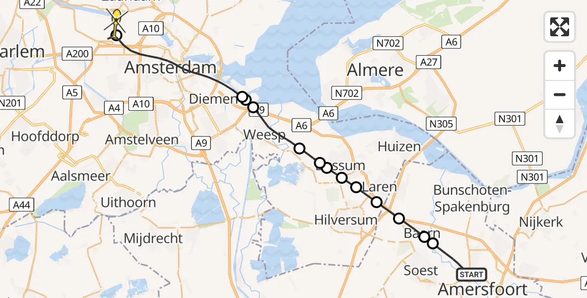 Routekaart van de vlucht: Lifeliner 1 naar Amsterdam Heliport, Weerhorsterweg