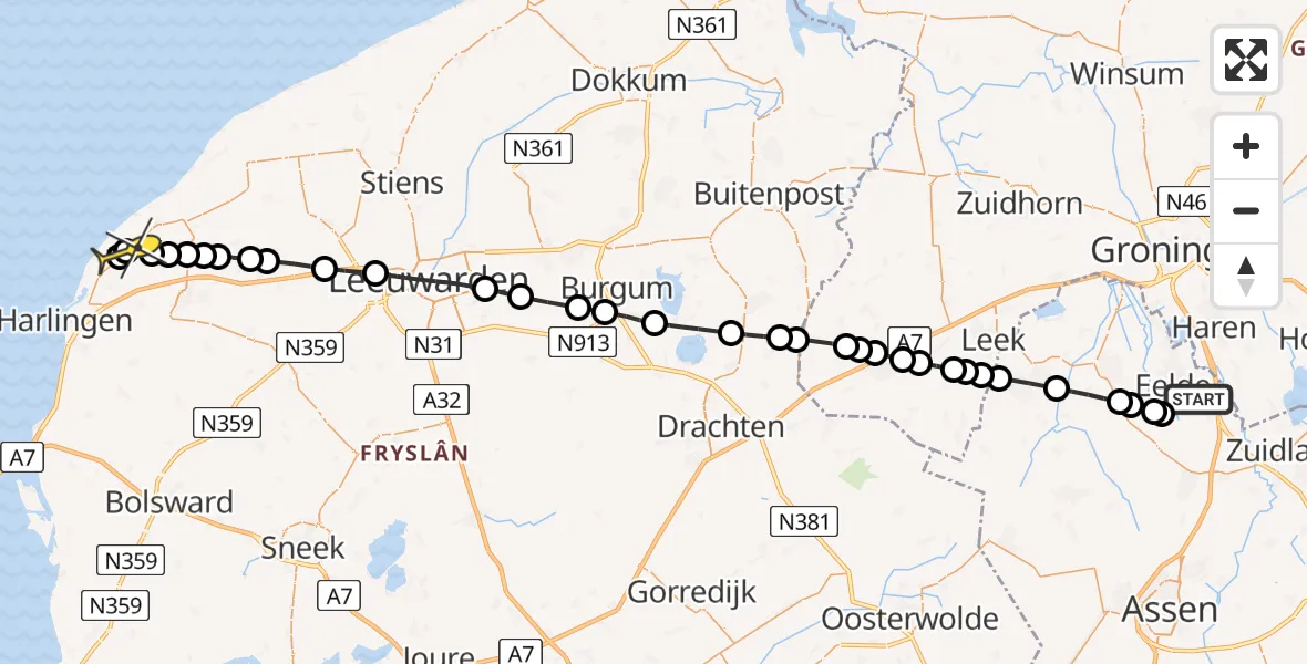 Routekaart van de vlucht: Lifeliner 4 naar Sexbierum, Lugtenbergerweg