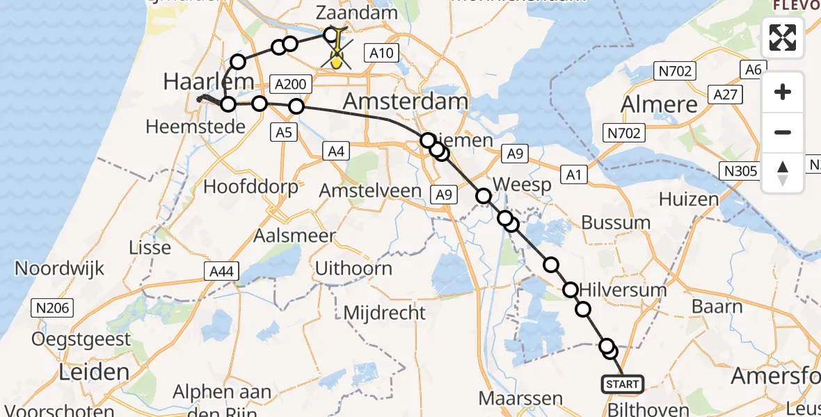 Routekaart van de vlucht: Lifeliner 1 naar Amsterdam Heliport, Tolakkerweg