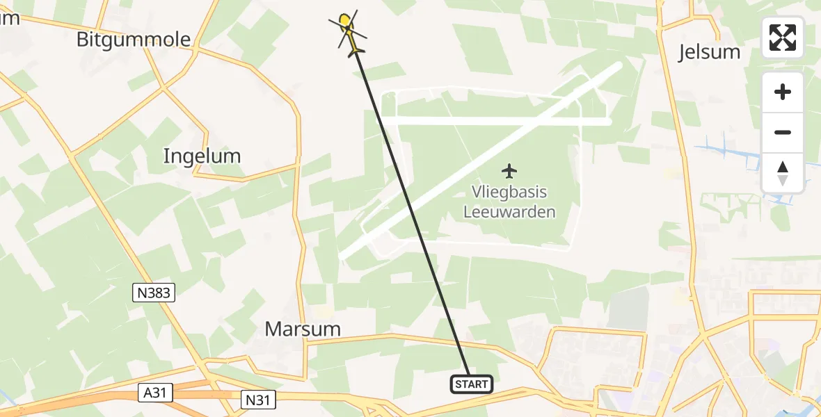 Vluchtroute Ambulancehelikopter van Leeuwarden naar Leeuwarden