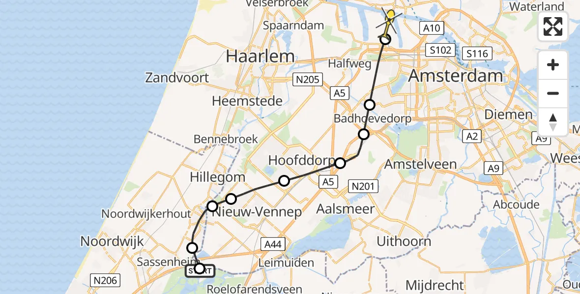 Routekaart van de vlucht: Lifeliner 1 naar Amsterdam Heliport, Lisserdijk