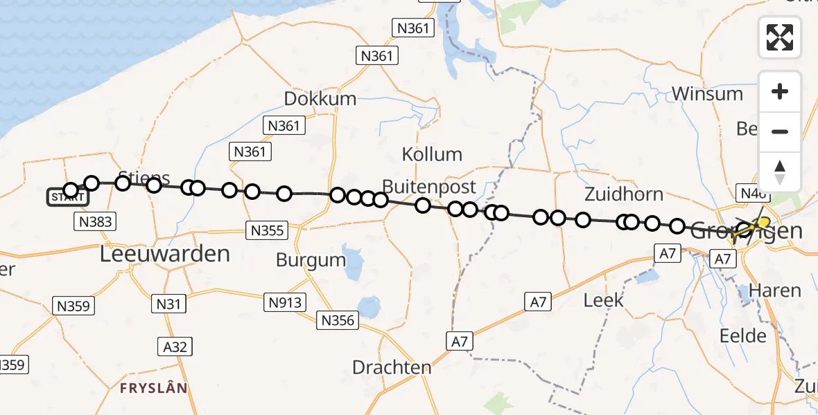 Routekaart van de vlucht: Lifeliner 4 naar Universitair Medisch Centrum Groningen, Langhuisterweg