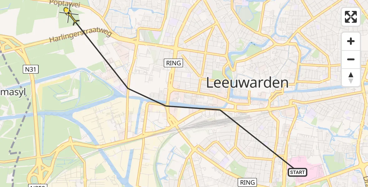 Vluchtroute Ambulancehelikopter van Leeuwarden naar Leeuwarden