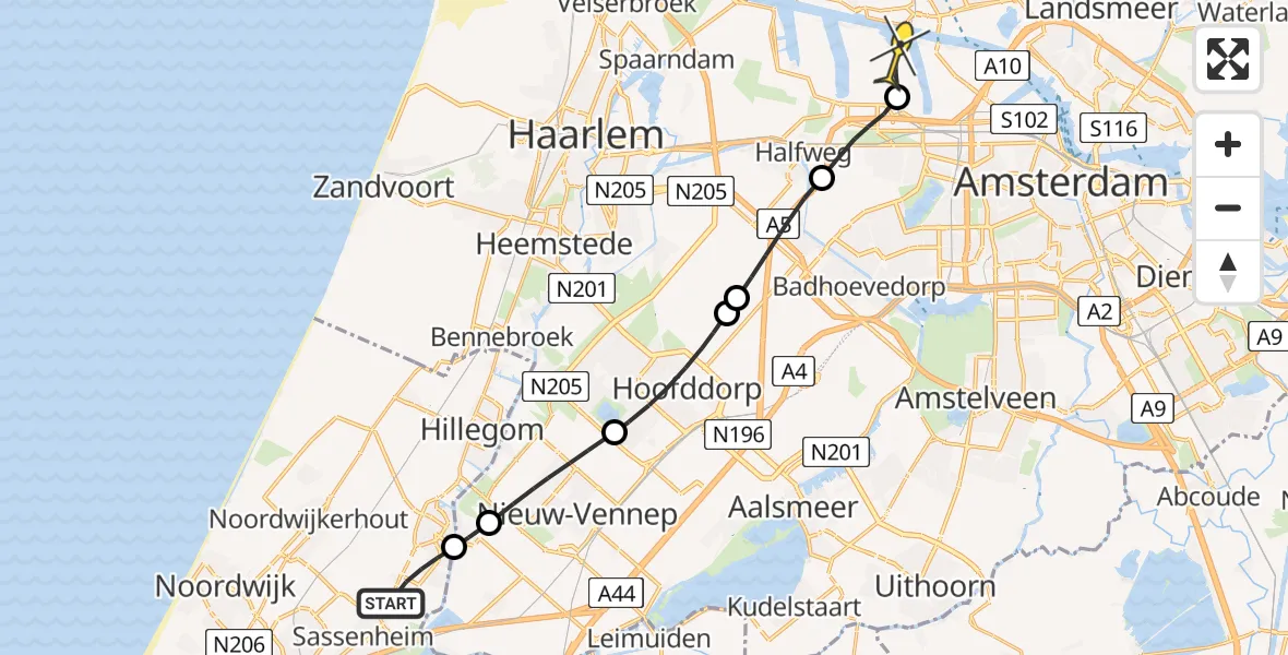 Routekaart van de vlucht: Lifeliner 1 naar Amsterdam Heliport, Ringsloot Lisserpoelpolder