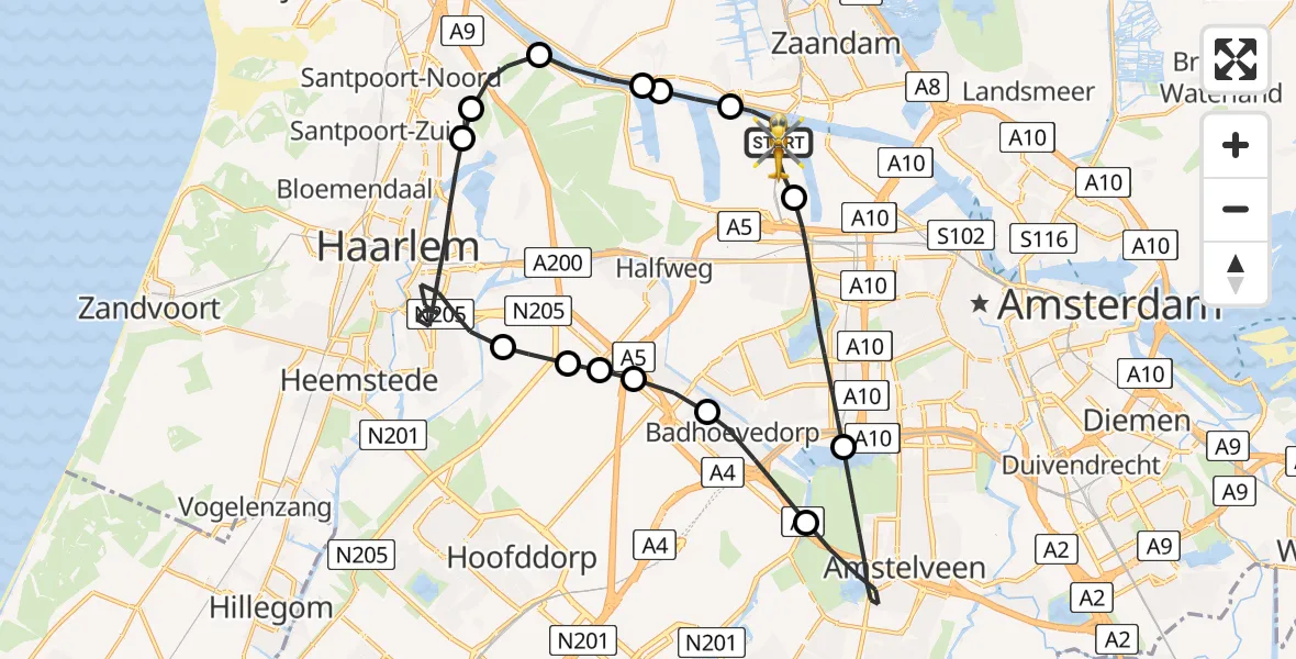 Vluchtroute Traumahelikopter van Amsterdam Heliport naar Amsterdam Heliport