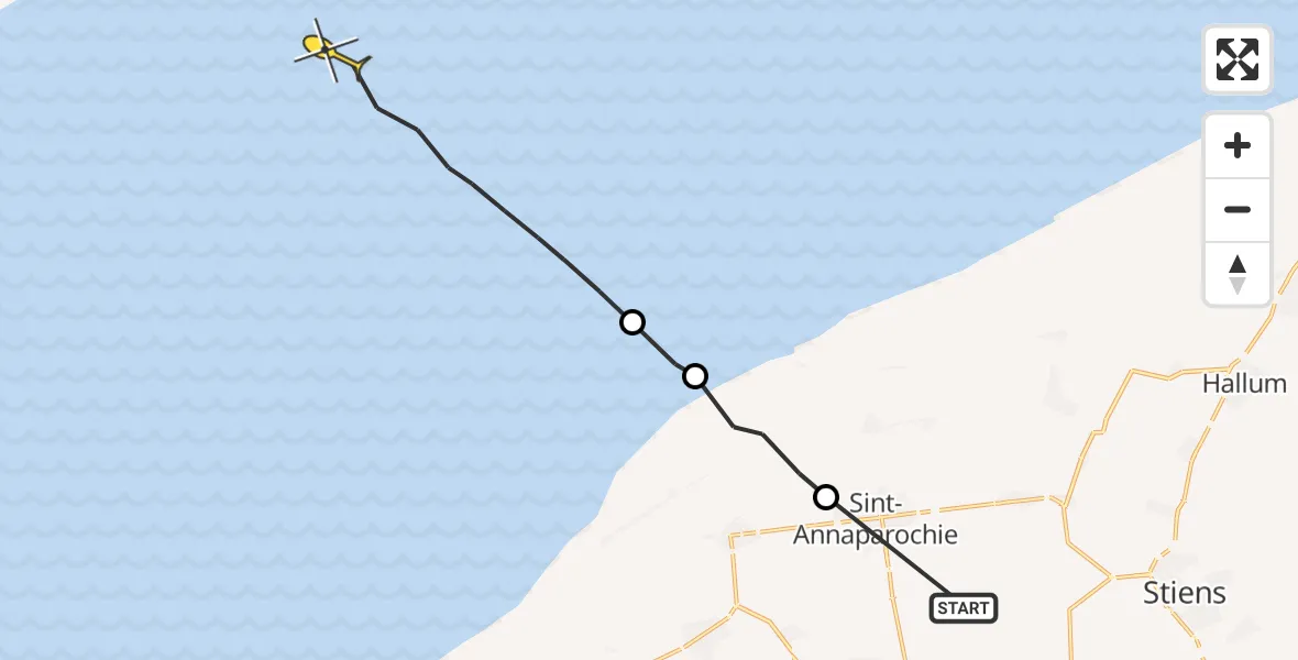 Routekaart van de vlucht: Ambulancehelikopter naar Oosterend, Koudeweg