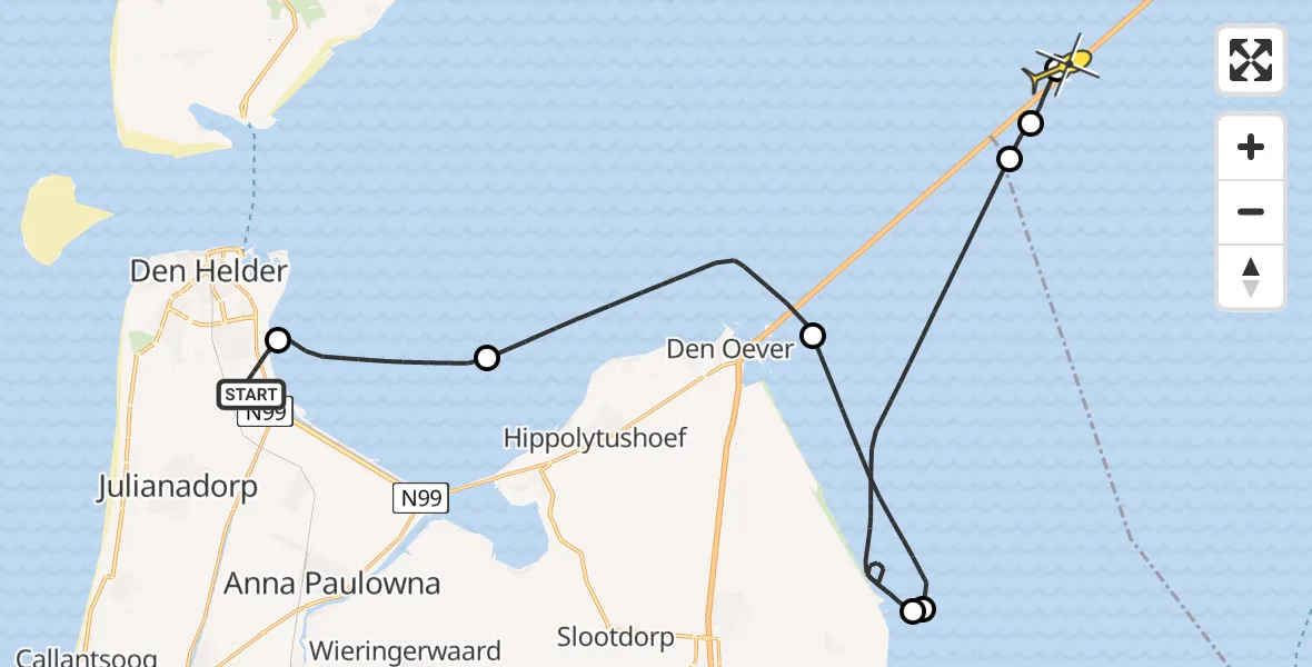 Routekaart van de vlucht: Kustwachthelikopter naar Harlingen, Oostoeverweg