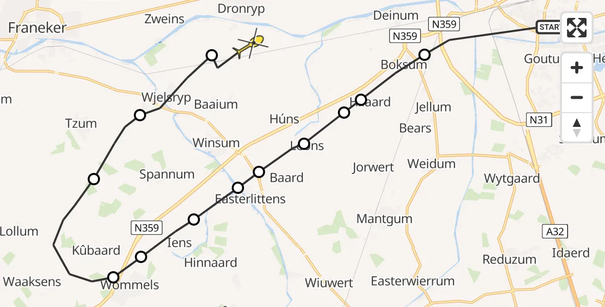 Routekaart van de vlucht: Ambulanceheli naar Dronryp, Brailleweg