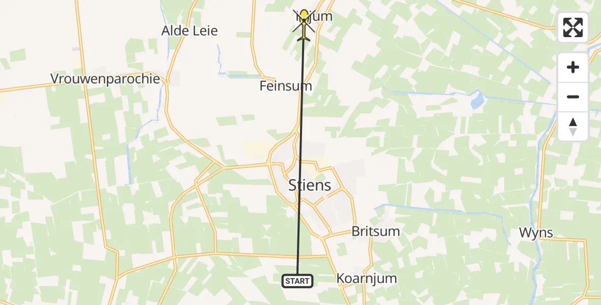 Routekaart van de vlucht: Ambulancehelikopter naar Hijum, De Loane