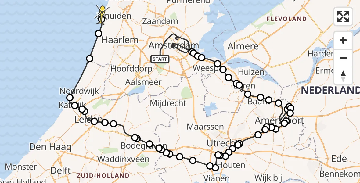 Routekaart van de vlucht: Politieheli naar IJmuiden, Johan Huizingalaan