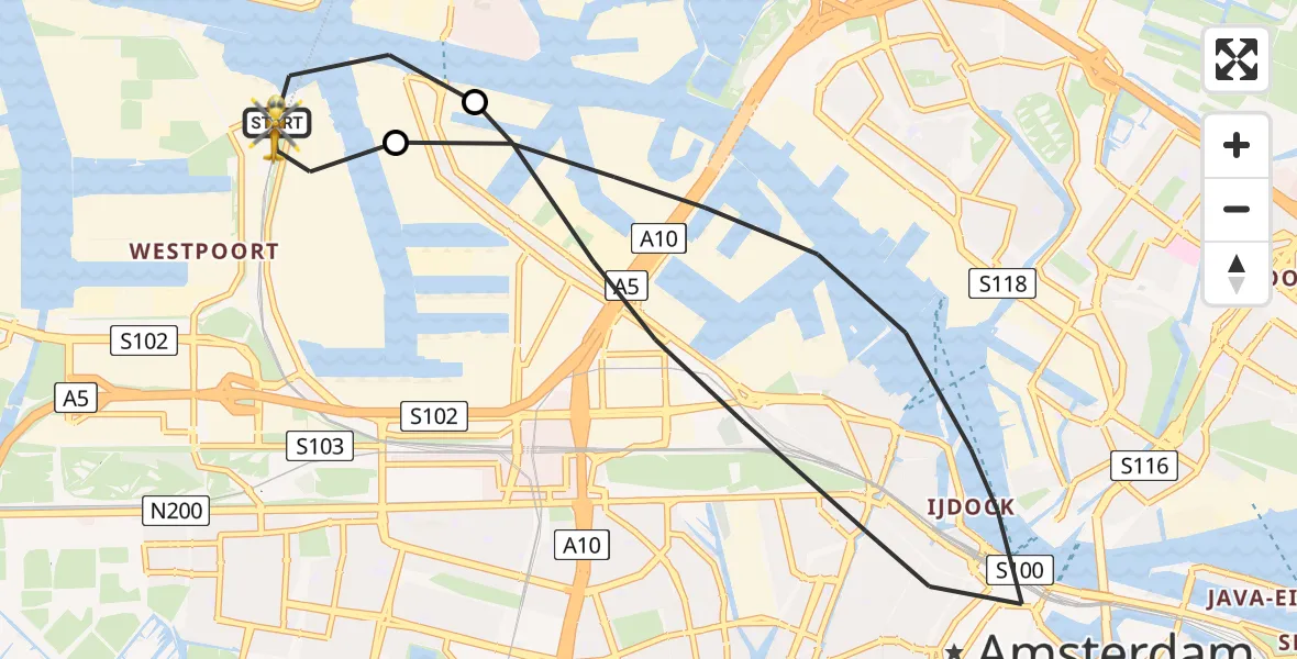 Vluchtroute Traumahelikopter van Amsterdam Heliport naar Amsterdam Heliport