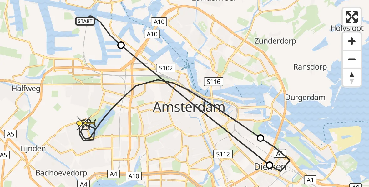 Routekaart van de vlucht: Lifeliner 1 naar Amsterdam, Westhavenweg