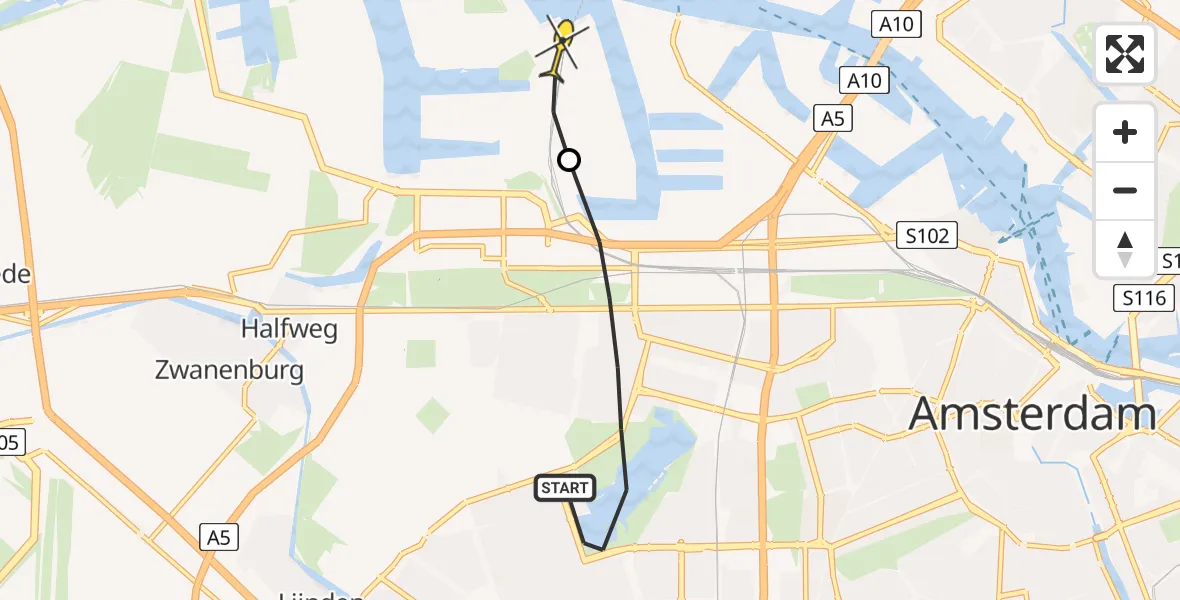 Routekaart van de vlucht: Lifeliner 1 naar Amsterdam Heliport, Cornelis Lelylaan