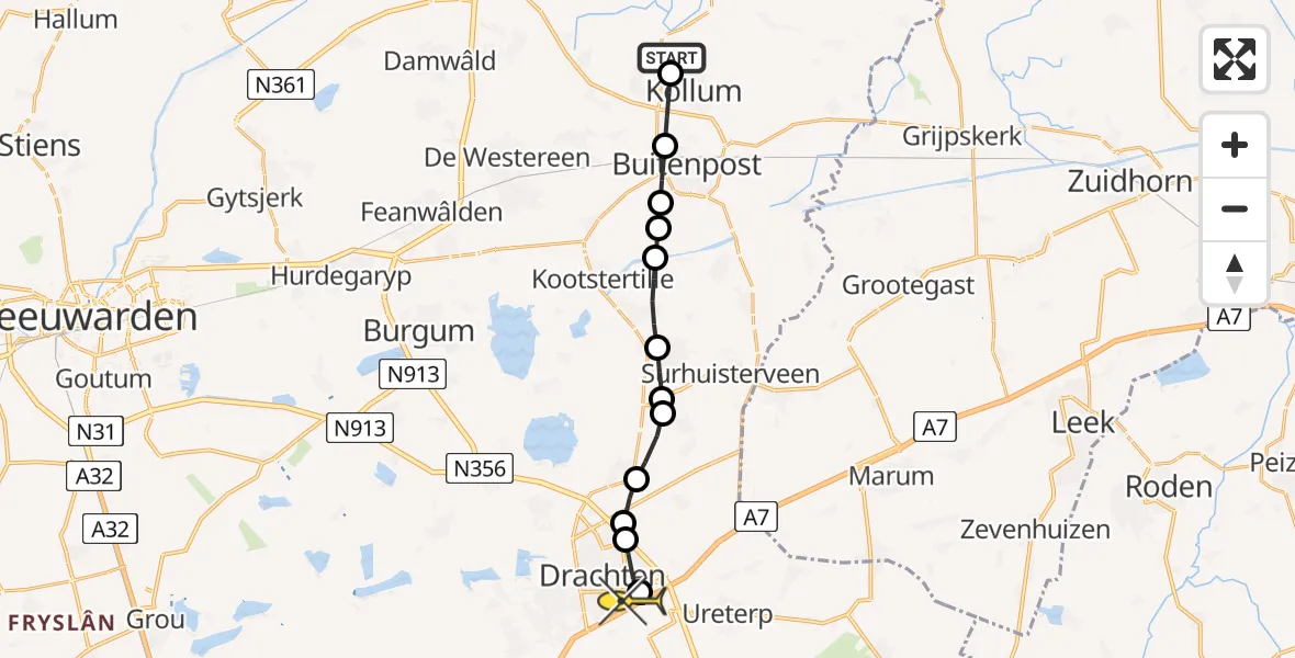 Routekaart van de vlucht: Lifeliner 4 naar Drachten, Van Limburg Stirumweg