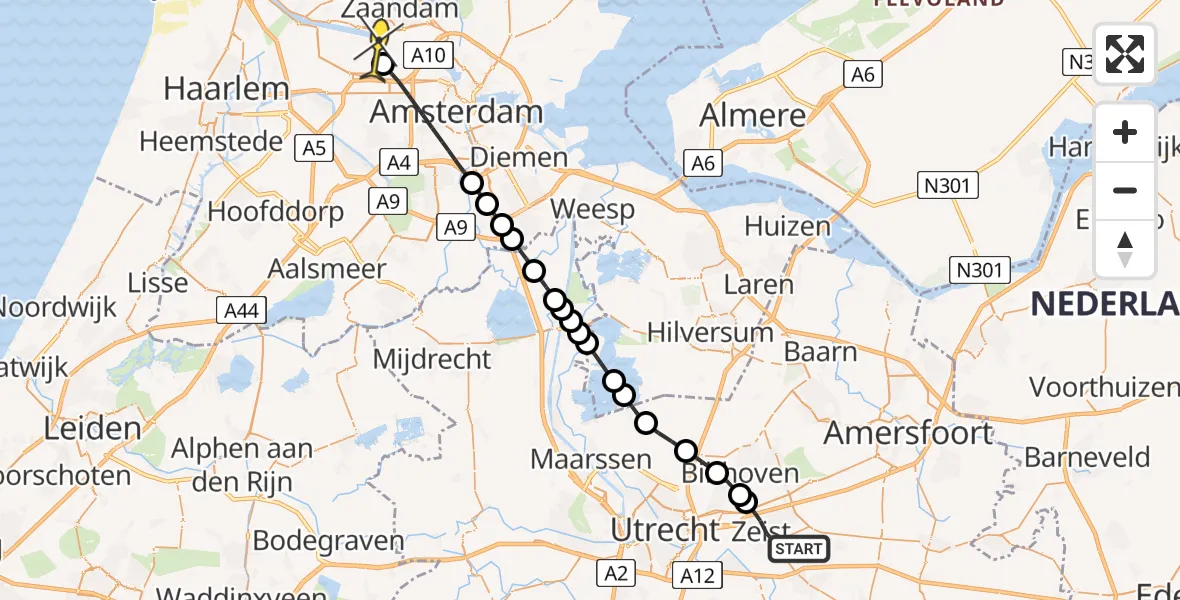Routekaart van de vlucht: Lifeliner 1 naar Amsterdam Heliport, Graaf Adolflaan
