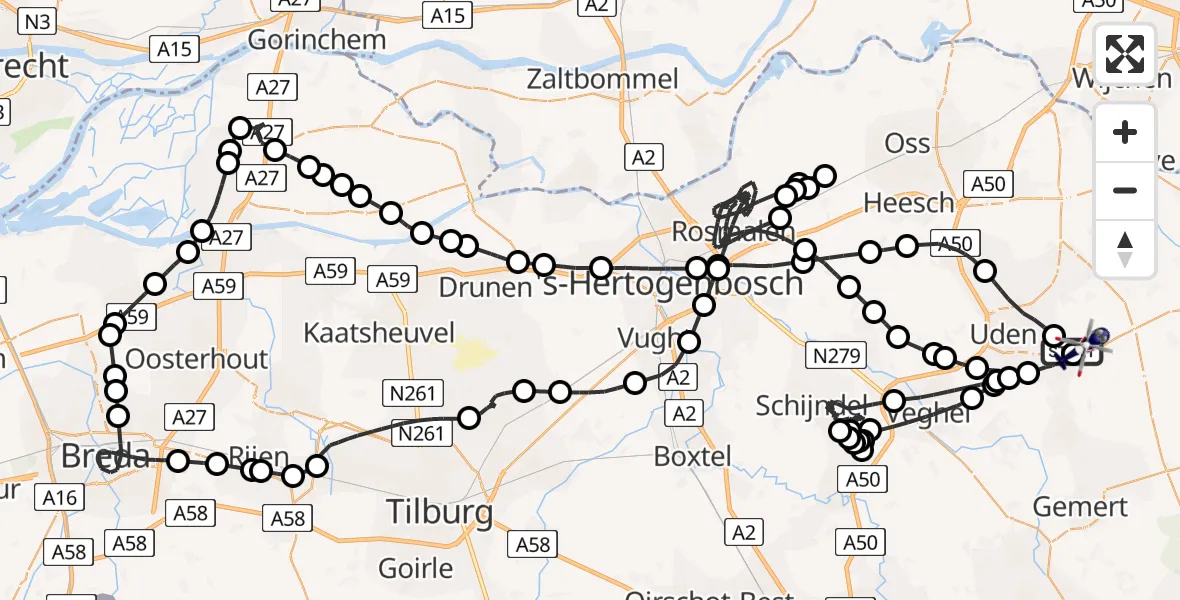 Vluchtroute Politiehelikopter van Vliegbasis Volkel naar Vliegbasis Volkel