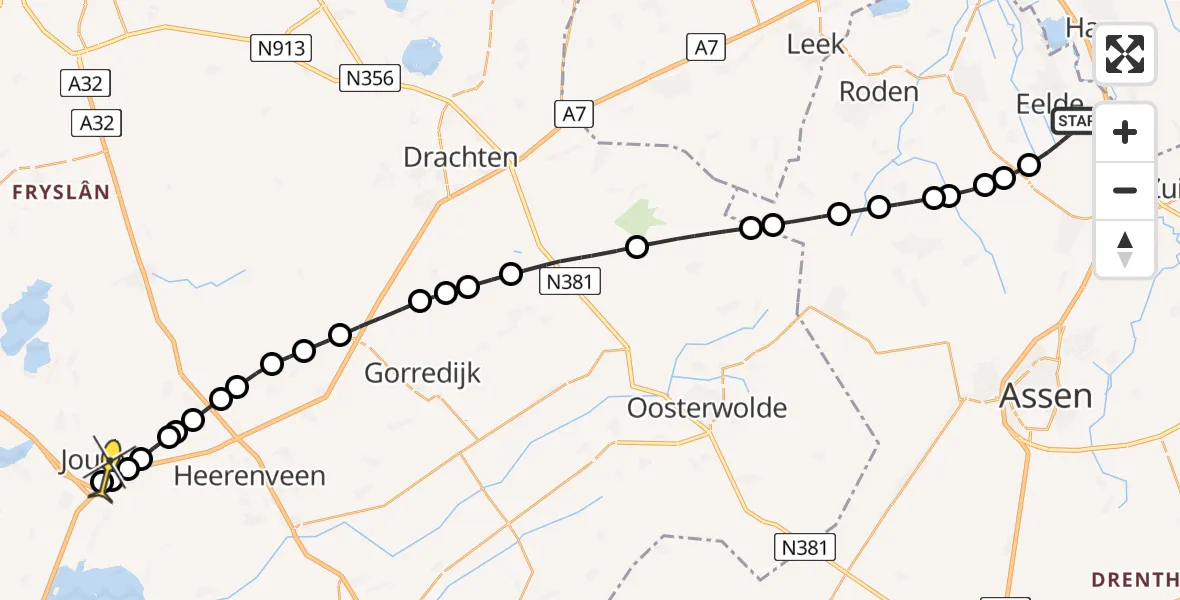 Routekaart van de vlucht: Lifeliner 4 naar Joure, Moespot