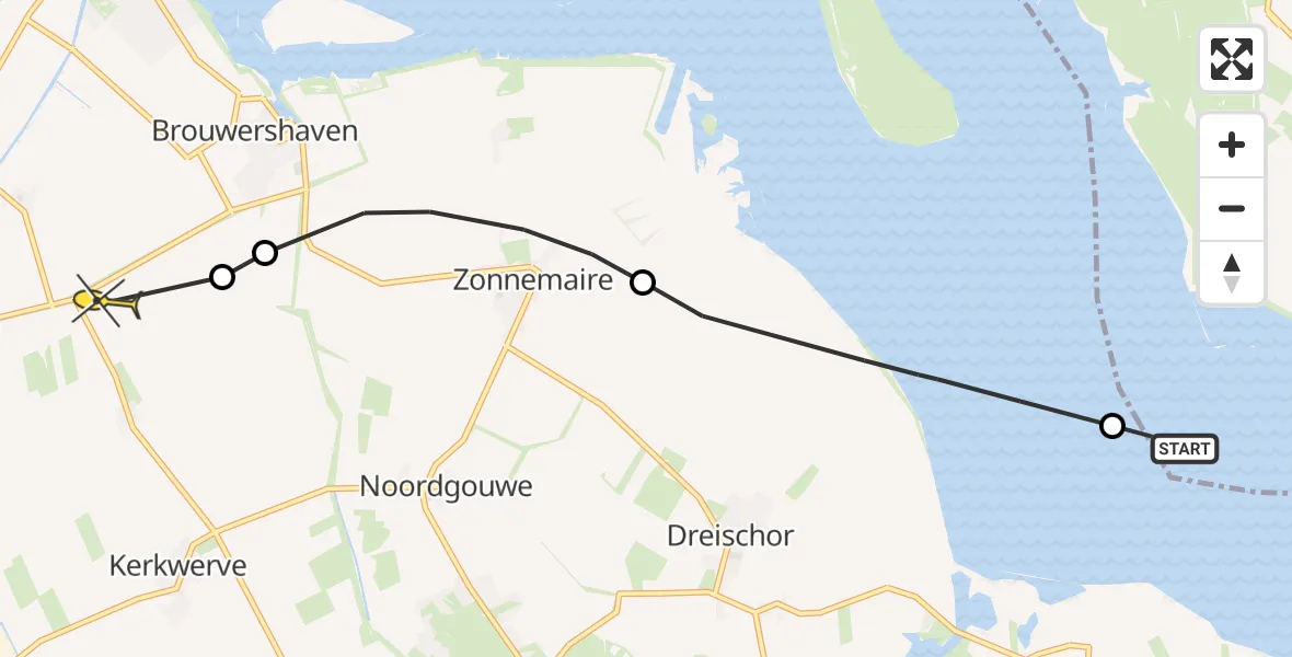 Routekaart van de vlucht: Kustwachthelikopter naar Kerkwerve, Duivendijkseweg