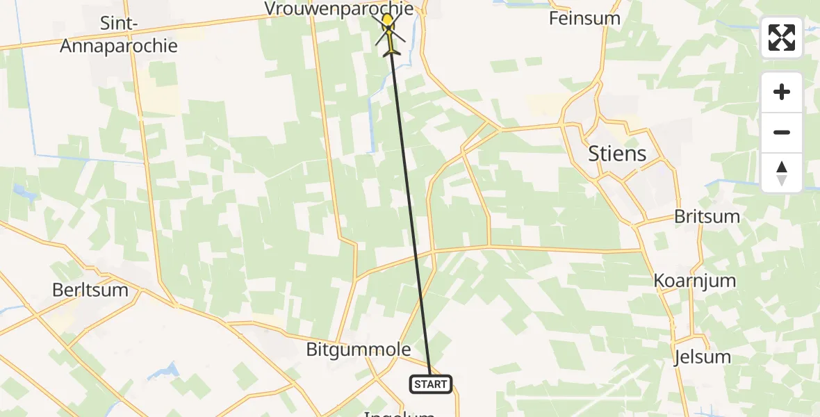 Routekaart van de vlucht: Ambulancehelikopter naar Vrouwenparochie, Stienzer Hegedyk
