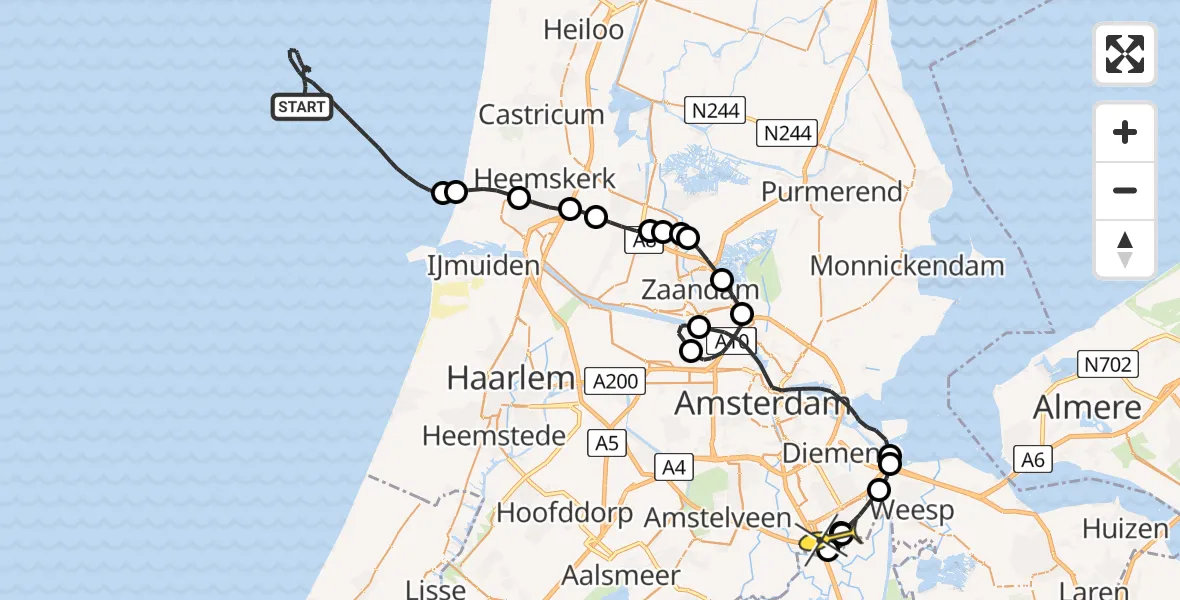 Routekaart van de vlucht: Kustwachthelikopter naar Academisch Medisch Centrum (AMC), Nederlandse territoriale zee