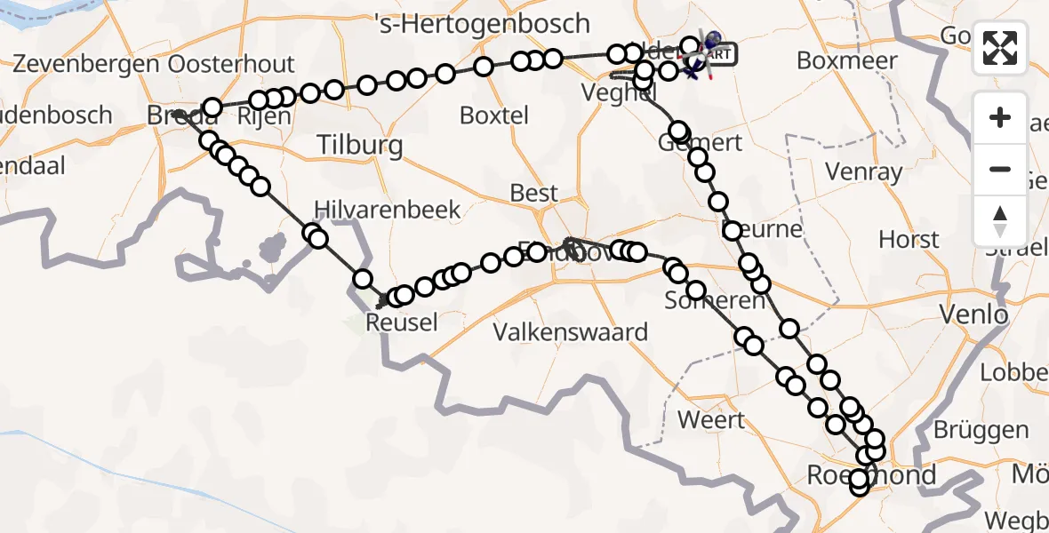Vluchtroute Politiehelikopter van Vliegbasis Volkel naar Vliegbasis Volkel