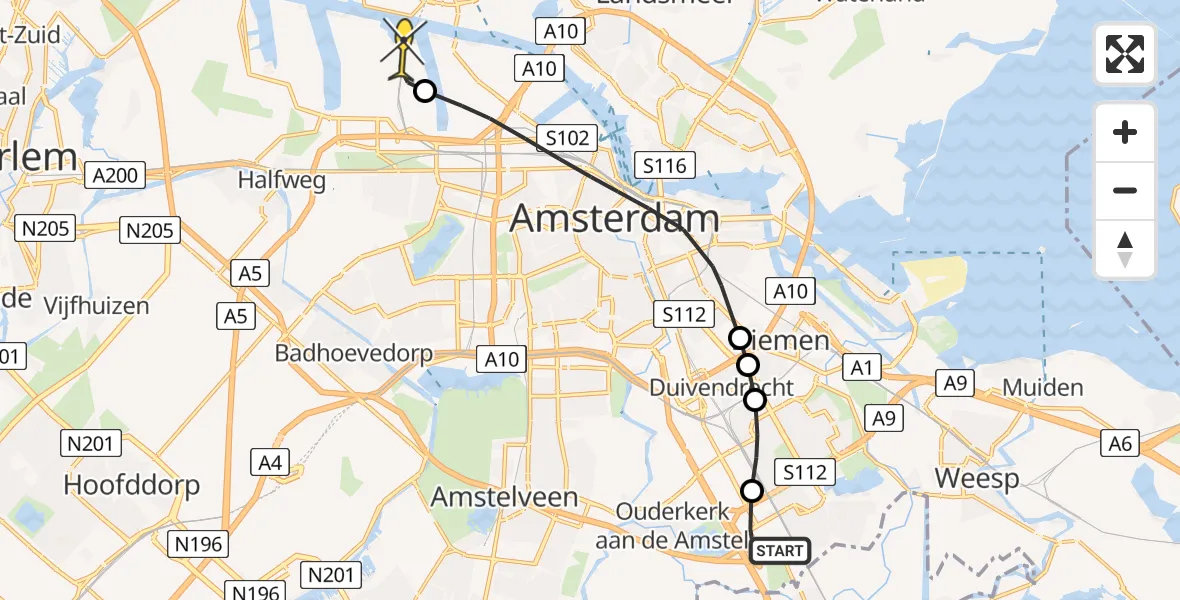 Routekaart van de vlucht: Lifeliner 1 naar Amsterdam Heliport, Meibergdreef