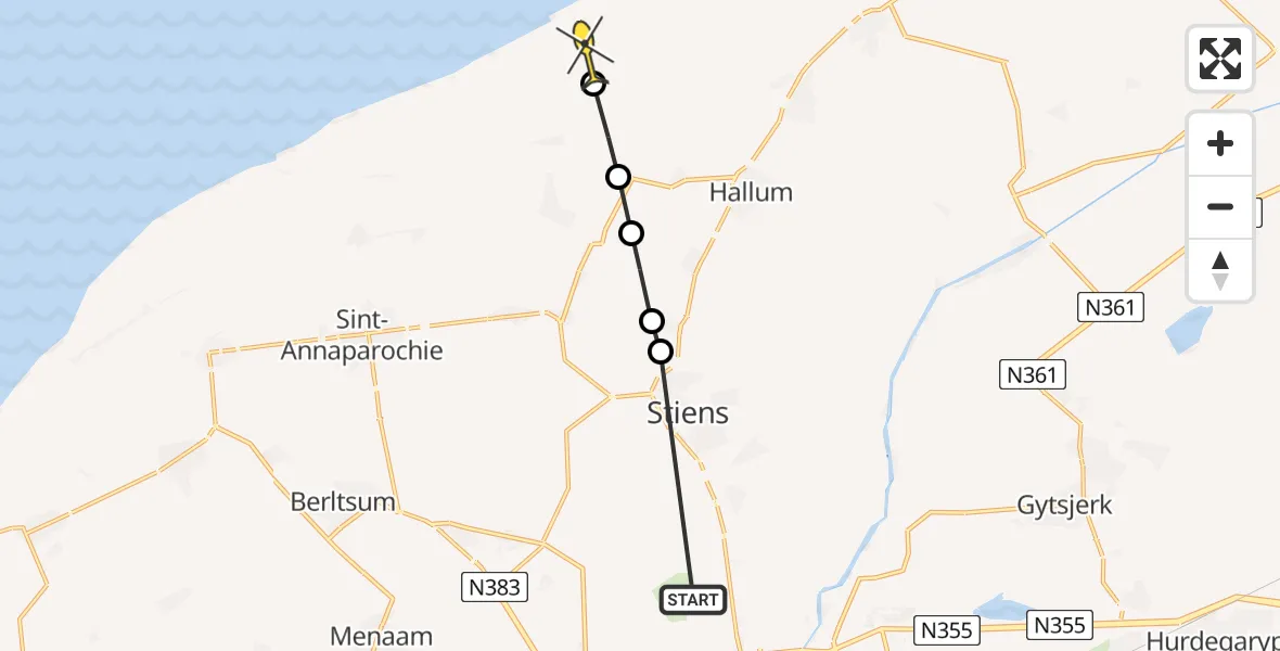 Routekaart van de vlucht: Ambulancehelikopter naar Marrum, Lege Hearewei