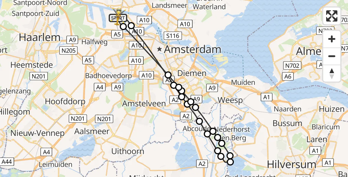 Vluchtroute Traumahelikopter van Amsterdam Heliport naar Amsterdam Heliport