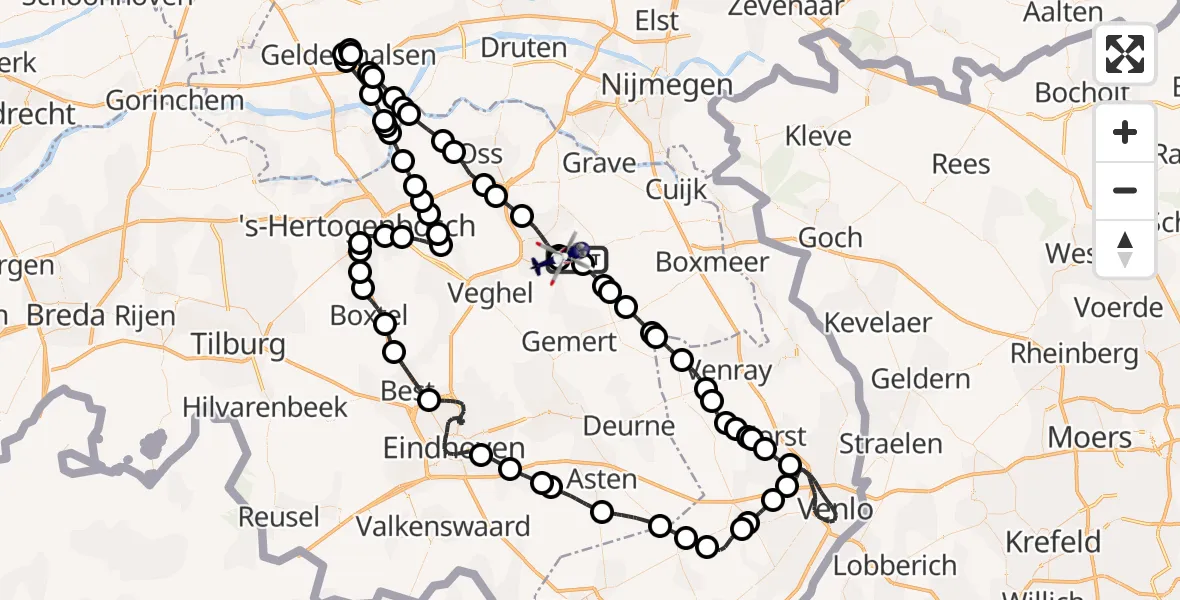Vluchtroute Politiehelikopter van Vliegbasis Volkel naar Vliegbasis Volkel