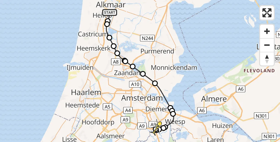 Routekaart van de vlucht: Kustwachthelikopter naar Academisch Medisch Centrum (AMC), Fluorietweg