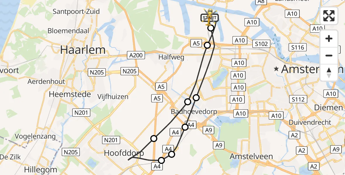 Vluchtroute Traumahelikopter van Amsterdam Heliport naar Amsterdam Heliport